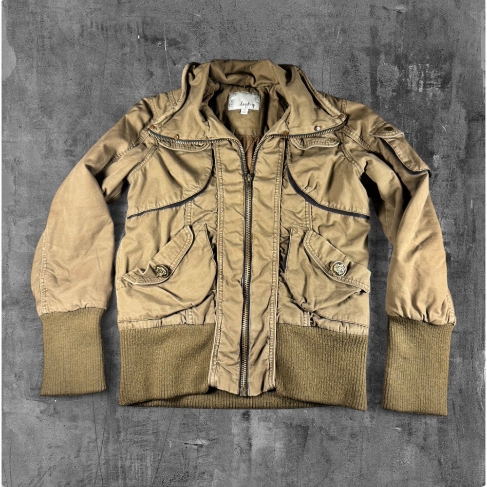 Y2K Military Style‎ Daytrip Brown Utility Zip Canvas Jacket Knit Cuffs – Size M